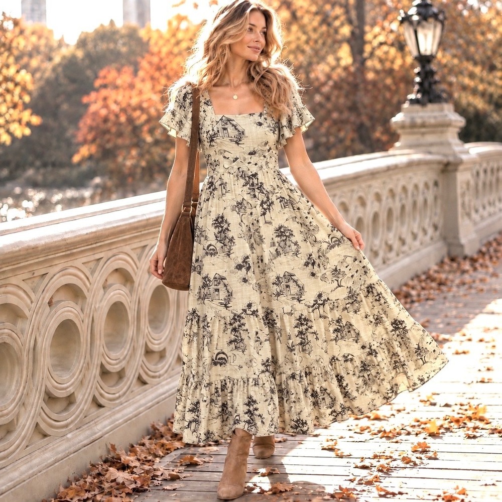 Anthropologie JGee Medium Maxi Dress Cottagecore Prairie Romantic Boho Chic Fall